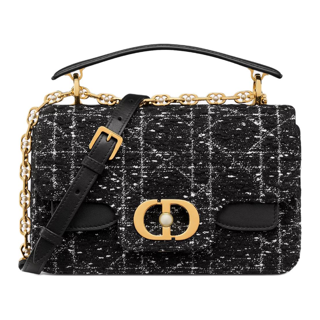 DIOR Cotton With Cow Leather Patchwork Shoulder Bag Crossbody Bag Handbag Small Size Women's Black