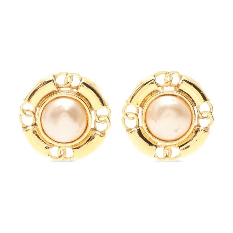 CHANEL 1990s CC embellished Faux pearl Clip on Earrings