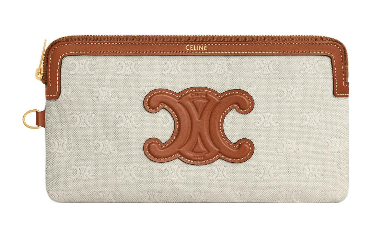 CELINE Fabric With Calfskin Clutch Women's Natural/Tan