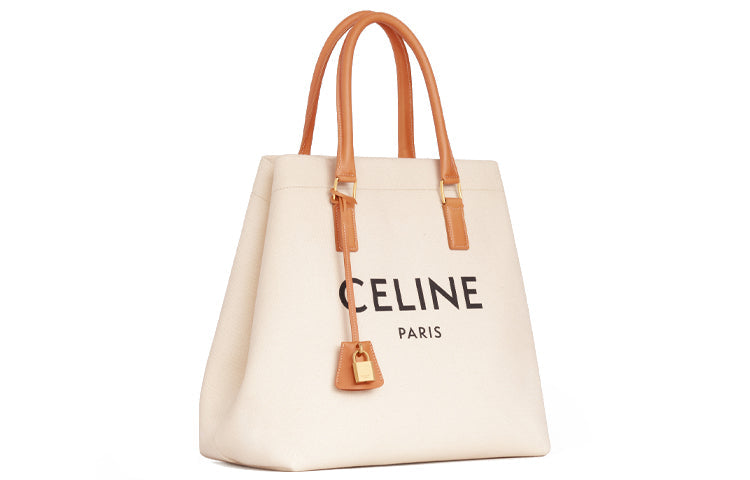 CELINE Cotton With Cow Leather Tote Bag, Shopping Bag, Handbag Tubas Women's Candy Color Beige