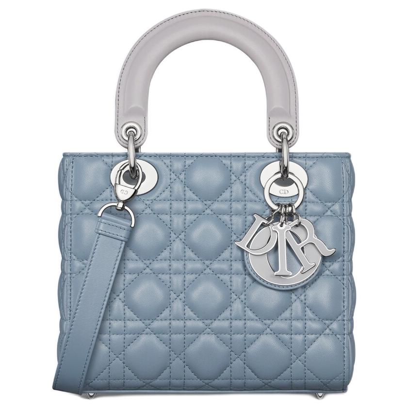 DIOR Lady Dior Leather Shoulder Bag Crossbody Bag Handbag Small Size Women's Gray With Slate Blue Accents