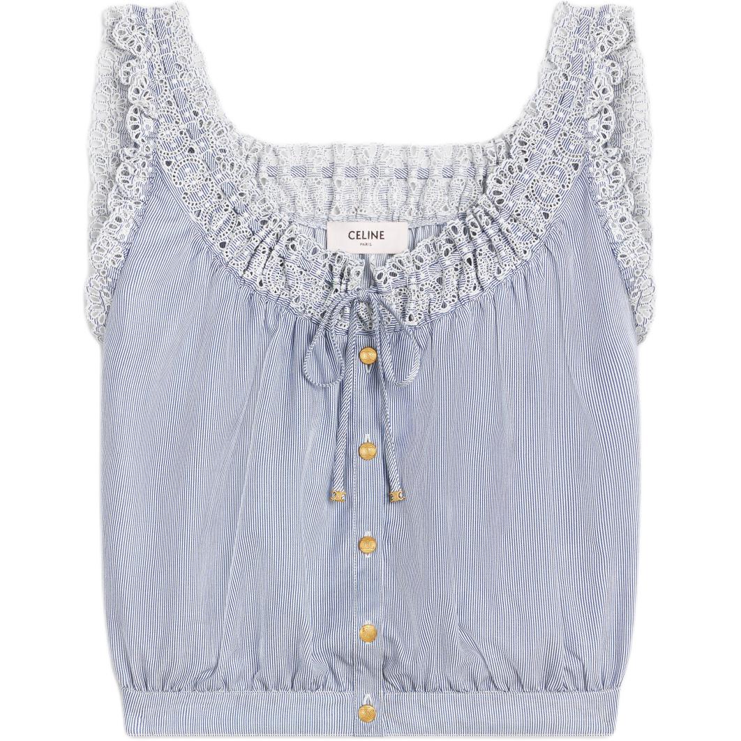 CELINE Embroidered Folk Top In Striped Cotton And Cashmere