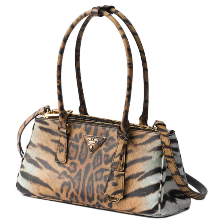 PRADA Cow Leather Shoulder Bag Medium Size Women's Beige & Black