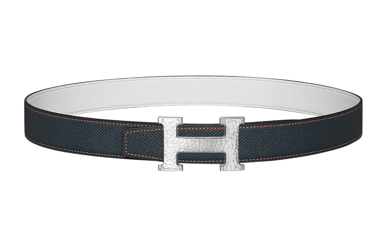 HERMES Avant-Garde Silver Buckle Epsom Calfskin Double-Sided Leather Belt Women's Blue/White Width: 3.2cm