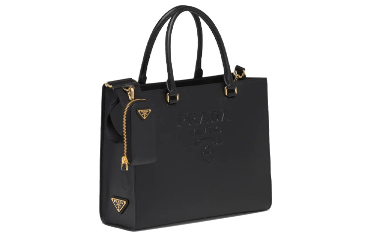 PRADA Cross-Stitch Leather Tote Bag Shopping Bag Handbag Medium Size Women's Black