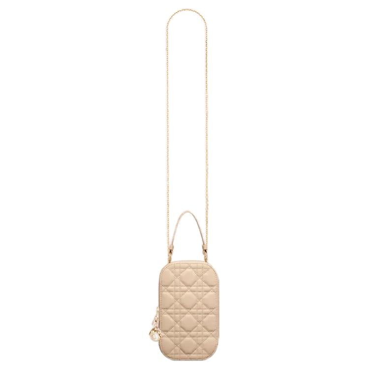 DIOR Lady Dior Lambskin Portable One Shoulder Crossbody Cell Phone Pouch Women's Pink Beige