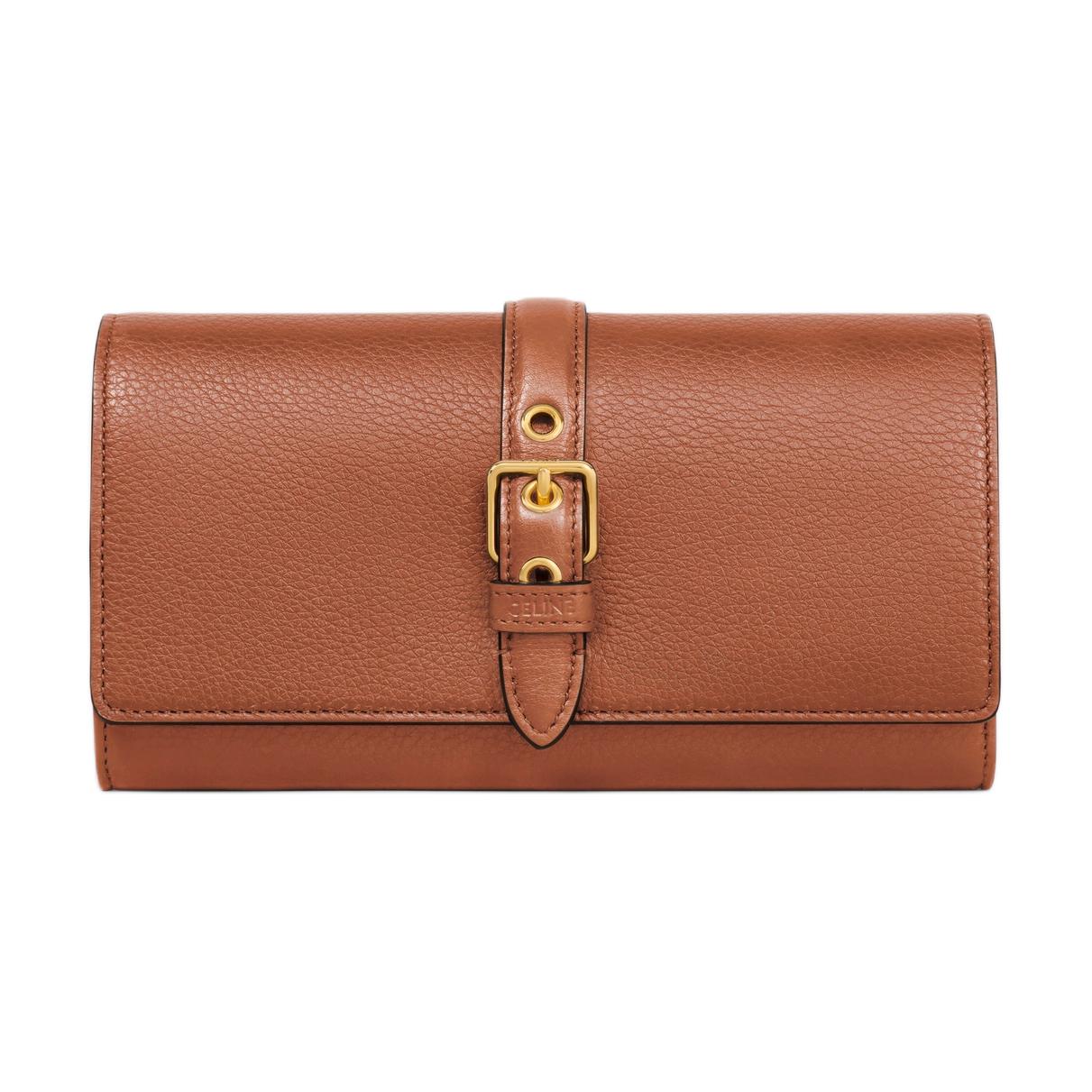CELINE Cow Leather Wallet Large Size Women's Brown