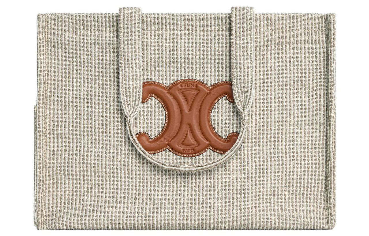 CELINE Cabas Thais Fabric With Calfskin Tote Bag Shopping Bag Shoulder Bag Handbag Large Size Women's Light Brown