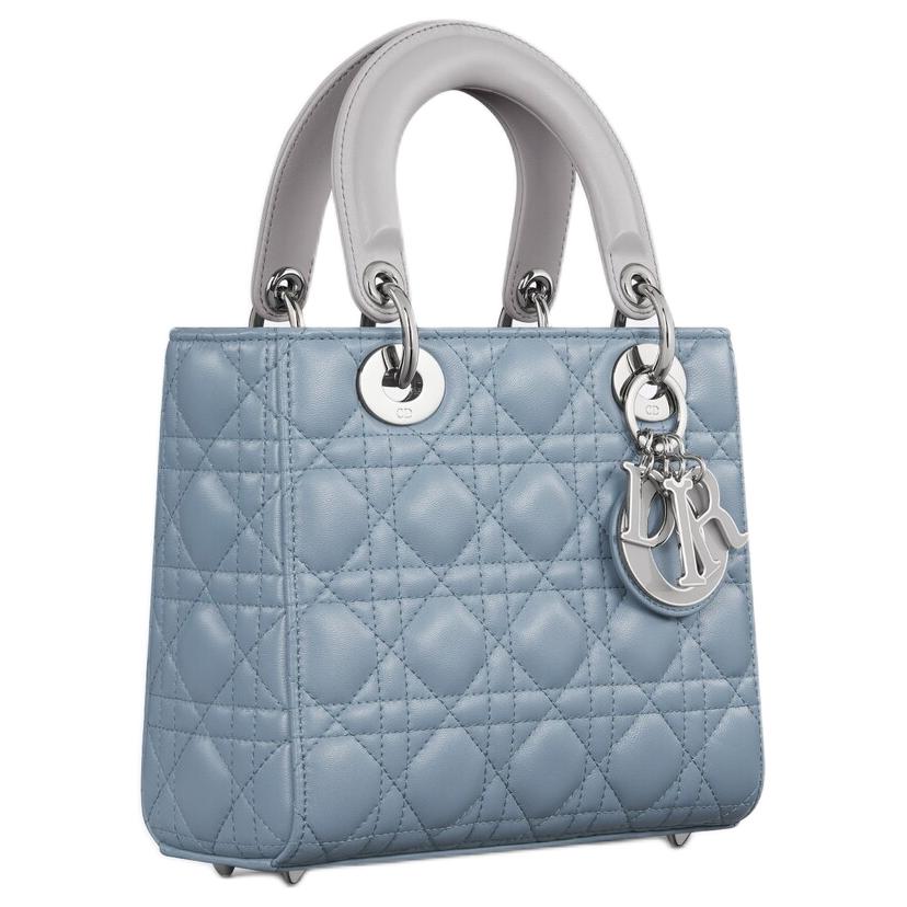 DIOR Lady Dior Leather Shoulder Bag Crossbody Bag Handbag Small Size Women's Gray With Slate Blue Accents