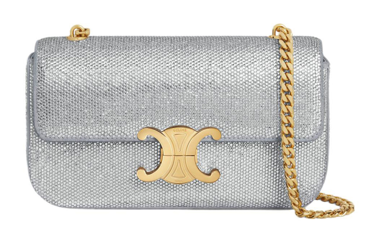 CELINE Diamond Adorned Cow Leather Suede Crossbody Bag, Shoulder Bag Women's Silver