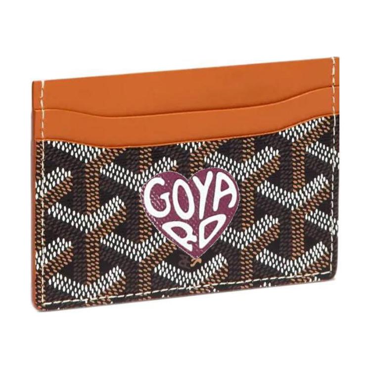 GOYARD Saint-Sulpice Canvas With Calfskin Card Clip Card Holder Unisex Tan & Burgundy Small Heart