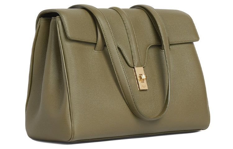 CELINE 16 Cow Leather Textile Handbag Shoulder Bag Medium Size Women's Candy Color Olive Green