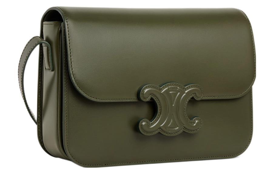 CELINE Cuir Triomphe Shiny Cow Leather Handbag, Crossbody Bag, Shoulder Bag Medium Size Women's Olive Green