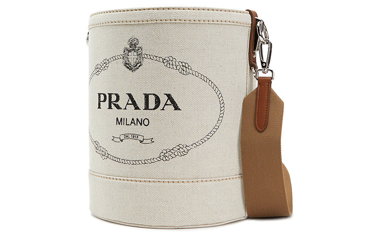 PRADA Cotton With Cow Leather Shoulder Bag Women's Milk White