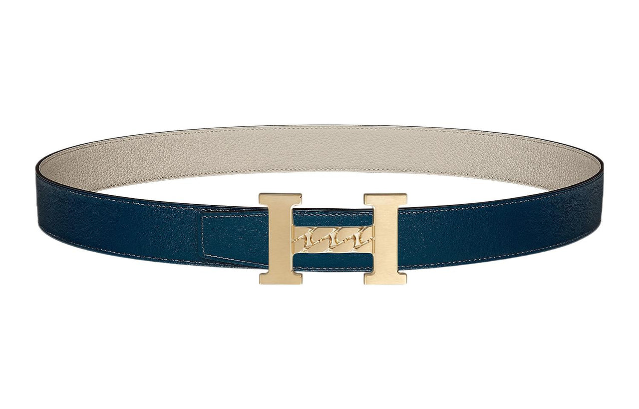 HERMES 5382 Gourmette Gold Buckle Epsom Calfskin Belt Unisex Prussian Blue/Chalk White Width: 3.2cm