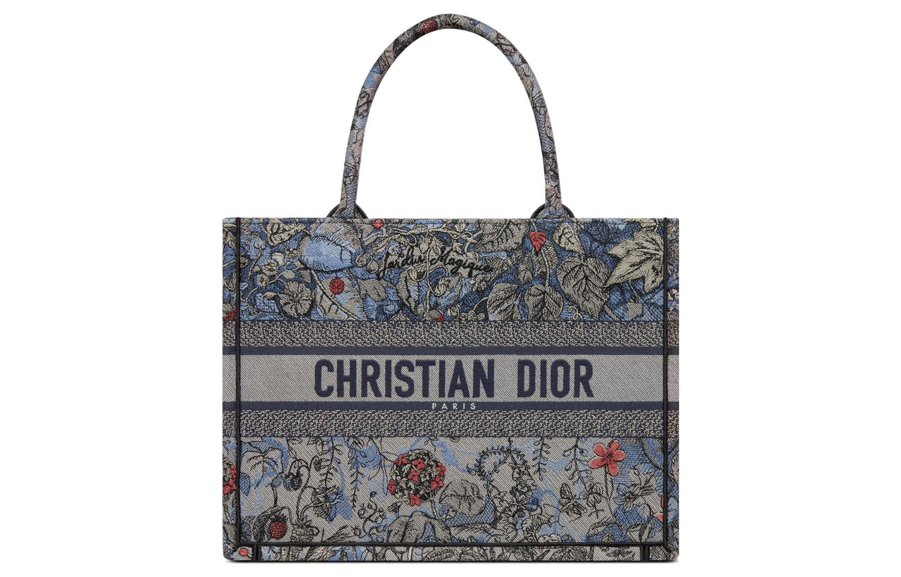 DIOR BookTote Embroidered Denim Tote Bag Shopping Bag Handbag Medium Size Women's Multicolor
