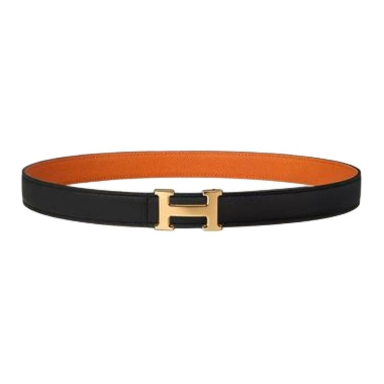 HERMES Badge Design Calfskin Leather Belts Men's Orange/Color Image/Gold Width 2.4cm