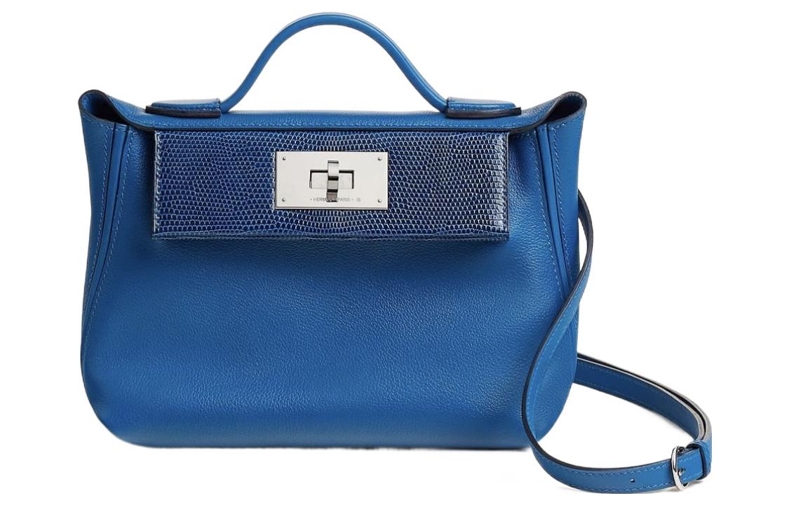 HERMES 24/24 Evercolor Calfskin Patchwork Lizard Skin Handbag Shoulder Bag Crossbody Bag Mini Women's Blue