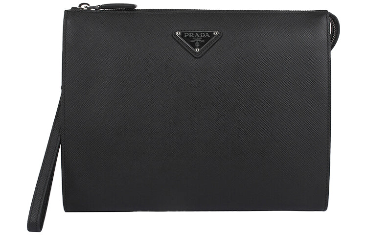 PRADA Cow Leather Wrist Bag Clutch Men's Black