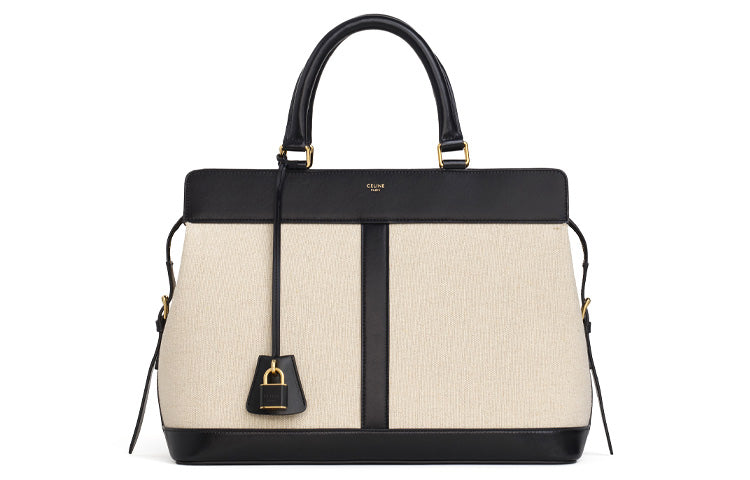 CELINE Cabas Textile Fabric With Calfskin One Shoulder Handbags Medium Size Women's Natural/Black