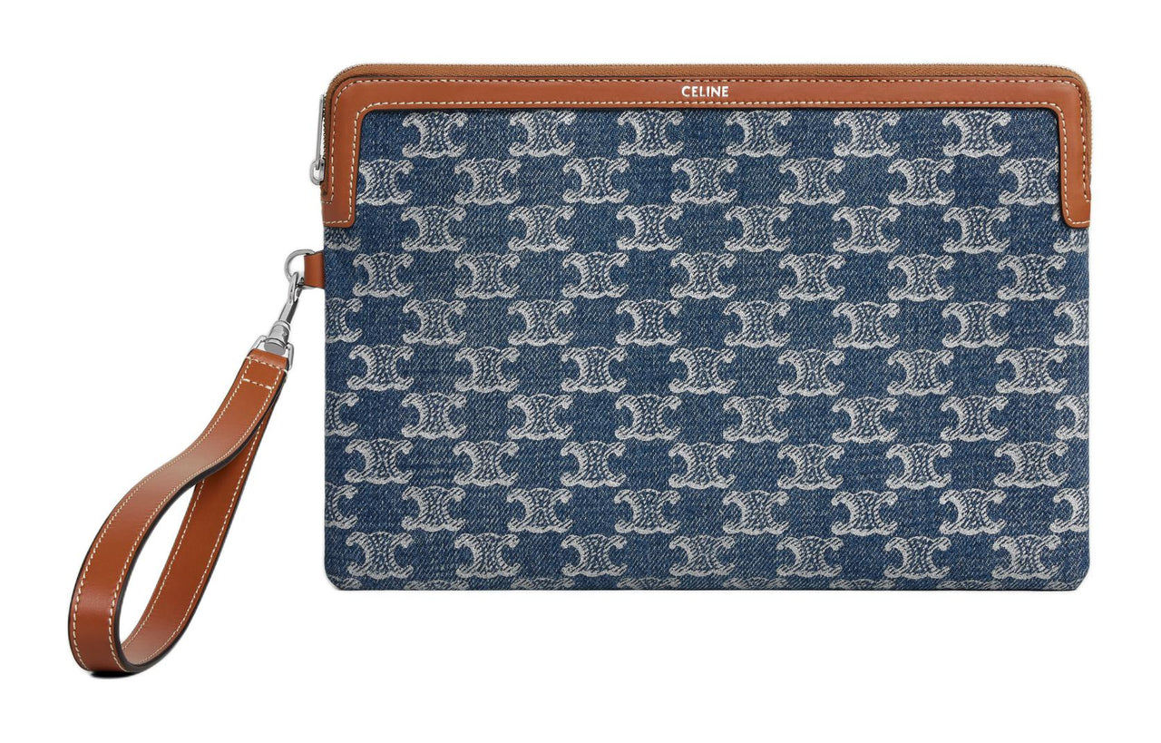 CELINE Fabric With Calfskin Clutch Small Size Women's Dark Blue