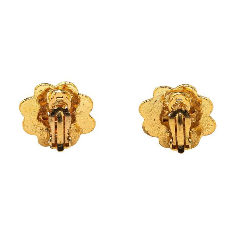 CHANEL 1996 Plated Cc Flower Clip On Costume Earrings