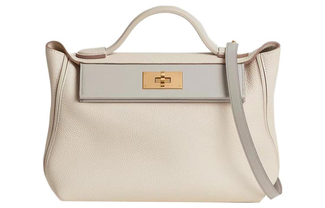 HERMES 24/24 Togo With Swift Calfskin One Shoulder Handbags Women's Chalk White With Concrete Gray Accents