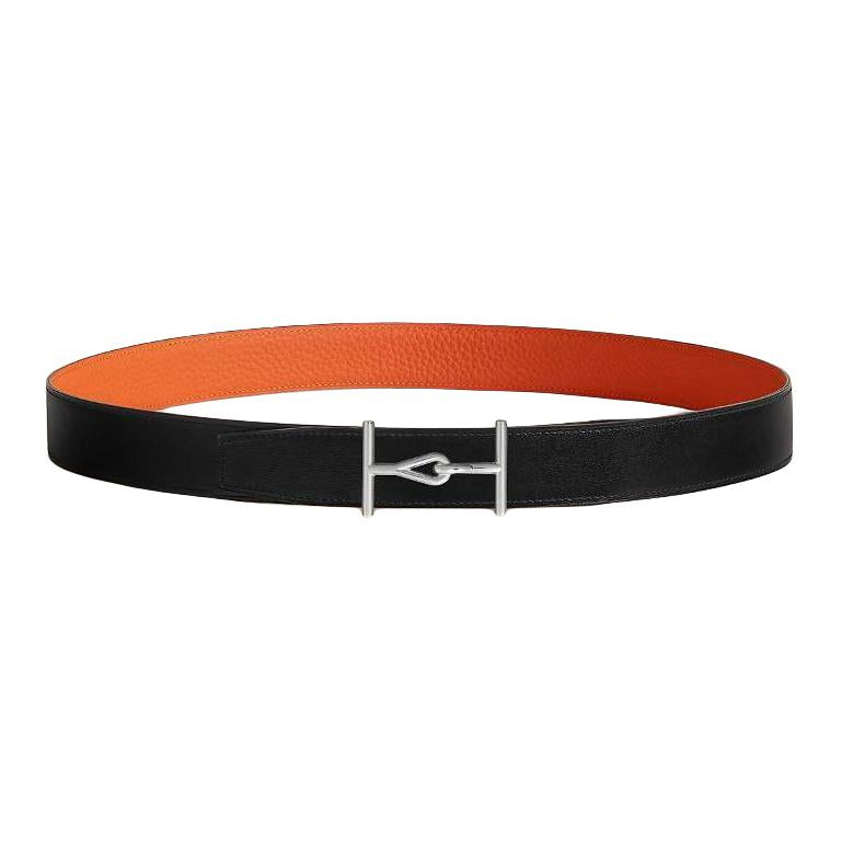 HERMES Badge Decoration Smooth Buckle Calfskin Stainless Steel Leather Belts Unisex Black/Orange Width: 3.2CM