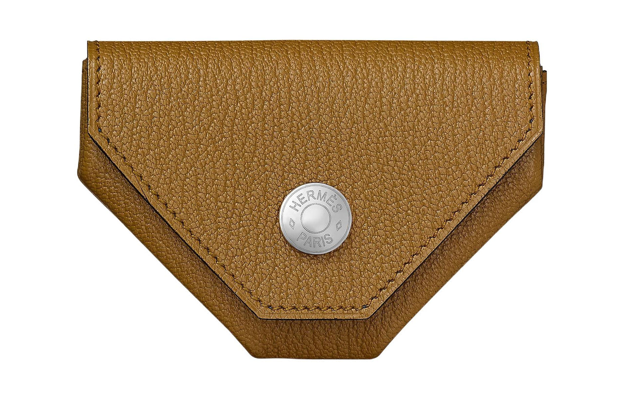 HERMES 24 Verso Goatskin Card Holder, Coin Purse Women's Kraft Paper Color/Dark Blue