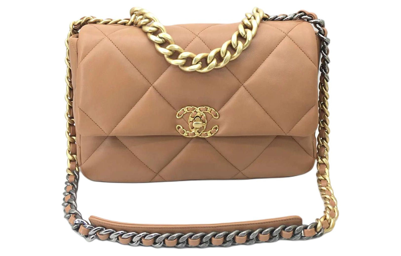 CHANEL 19Bag Lambskin Mouth Cover Bag Crossbody Bag Medium Size Women's Caramel Brown