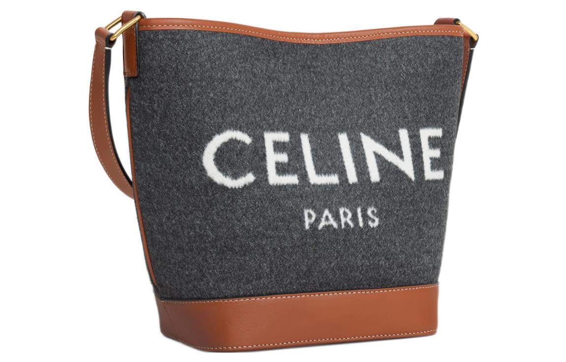 CELINE Fabric With Cow Leather Bucket Bag, Shoulder Bag, Crossbody Bag Small Size Women's Gray/Beige