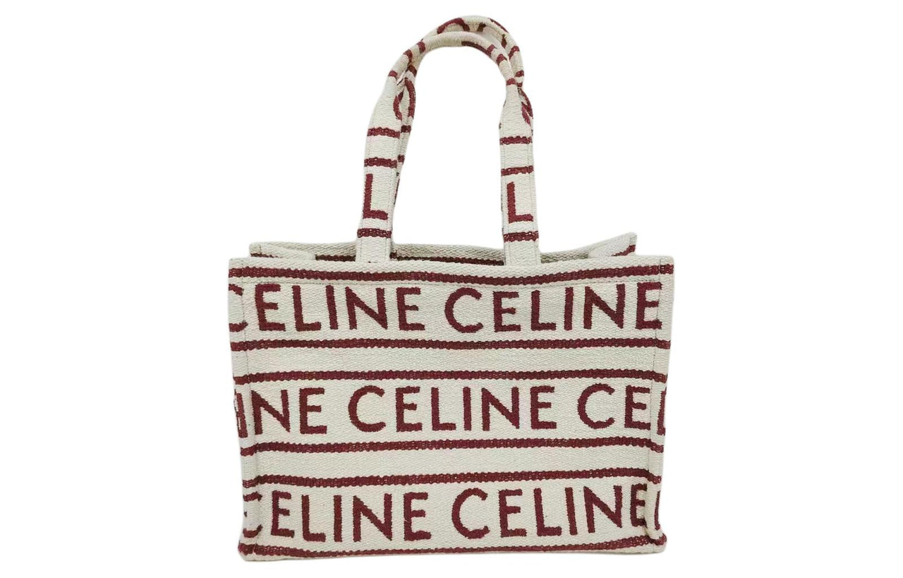 CELINE Cotton Tote Bag Shopping Bag Handbag Shoulder Bag Large Size Women's Red & Beige