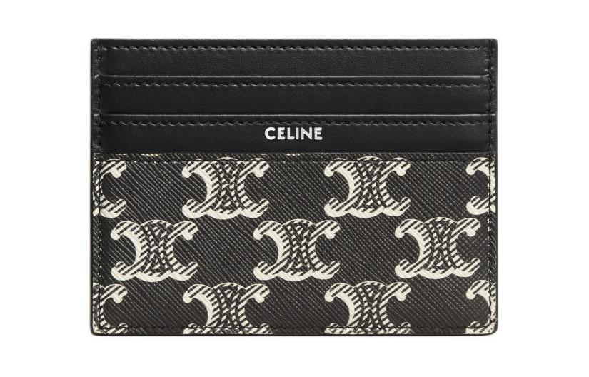 CELINE Cow Leather Card Holder Tubas Men's Black & White
