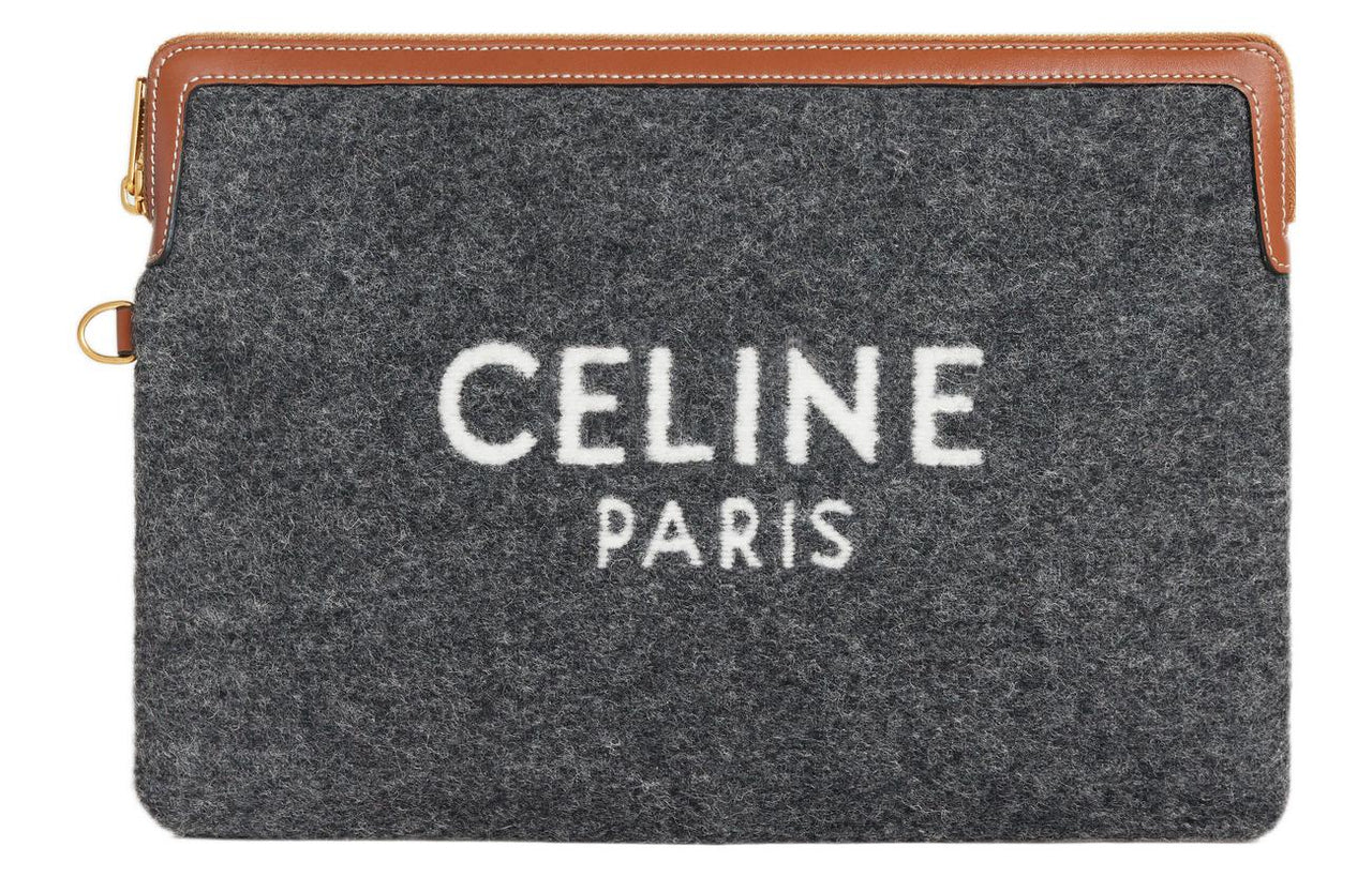 CELINE Fabric With Calfskin Clutch Small Size Women's Gray/Beige
