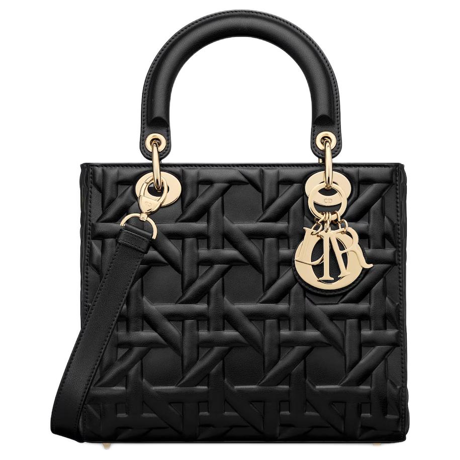 DIOR Lady Dior Calfskin Shoulder Bag Crossbody Bag Handbag Medium Size Women's Black