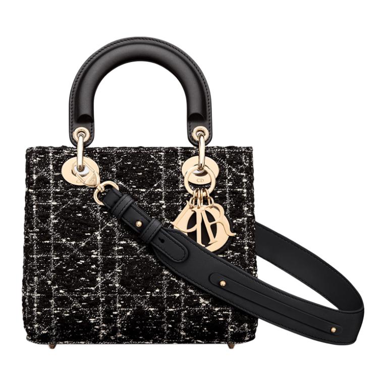 DIOR Lady Dior Cotton With Cow Leather Patchwork Shoulder Bag Crossbody Bag Handbag Small Size Women's Black