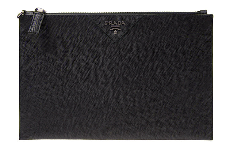 PRADA Cow Leather Clutch Briefcase Men's Black