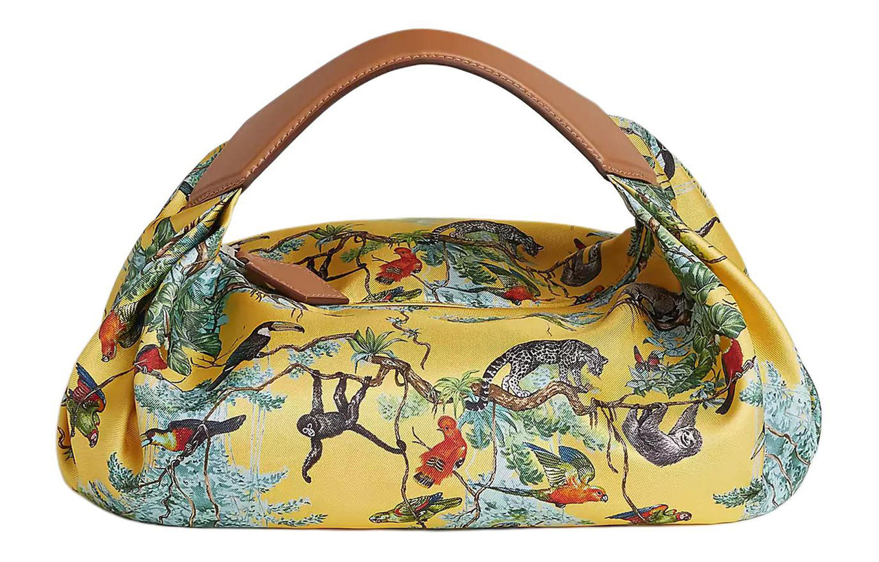 HERMES Balusoie Silk Patchwork Hunter Cow Leather Lunch Box Bag Handbag Women's Naples Yellow With Natural
