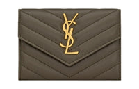 SAINT LAURENT CASSANDRE Sheepskin Card Holder, Wallet Trumpets Women's Army Green