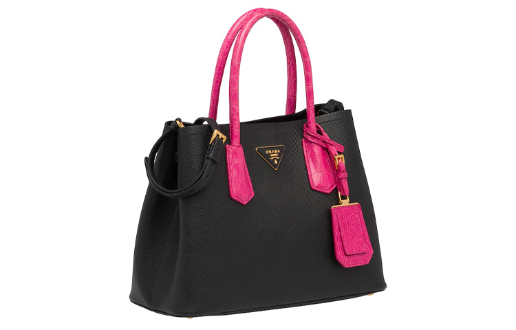 PRADA Double Crocodile Leather Patchwork Leather Handbag Shoulder Bag Crossbody Bag Small Size Women's Fuchsia/Black