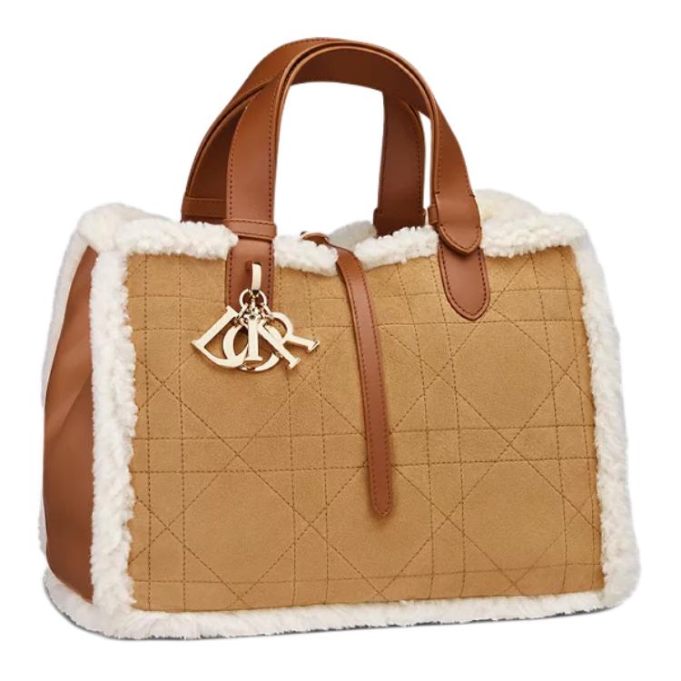 DIOR Suede With Lambskin Shearling Handbag Medium Size Women's Khaki Brown