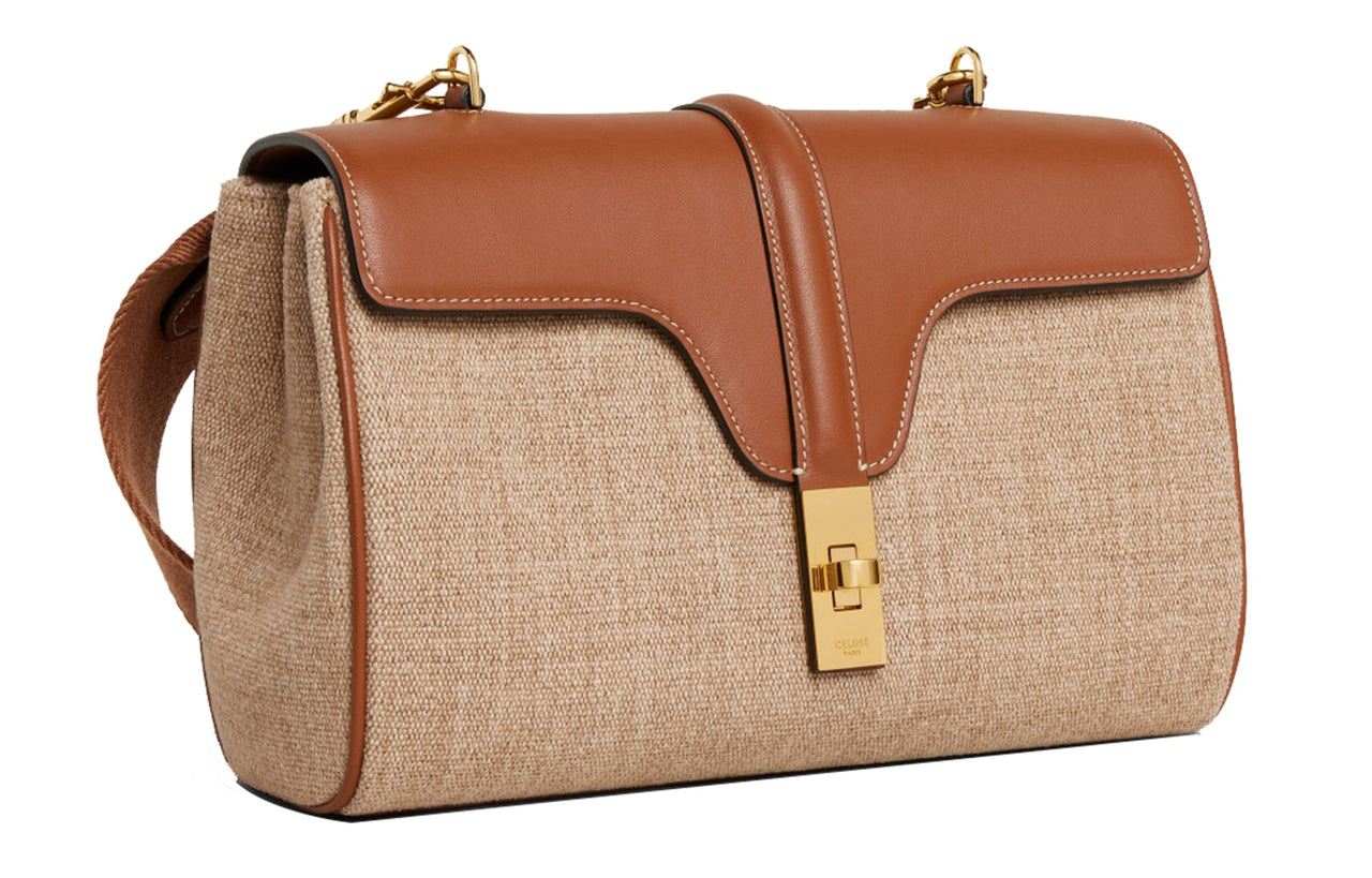 CELINE Fabric Cow Leather Patchwork Shoulder Bag Crossbody Bag Small Size Women's Beige/Tan