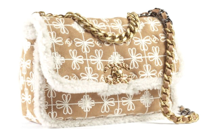 CHANEL 19Bag Embroidered Suede Lambskin Plush Crossbody Bag Women's Camel White