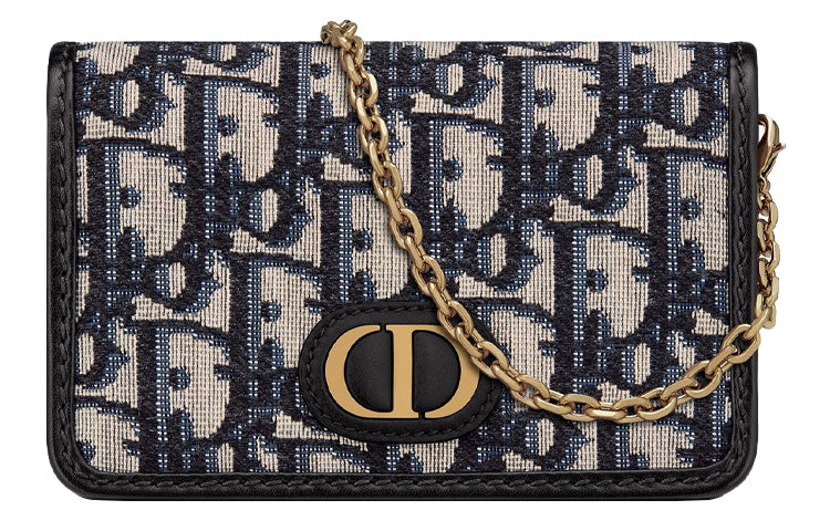 DIOR 30 Montaigne Fabric Chain Bag, One Shoulder, Crossbody Clutch Mini Women's Blue/Black
