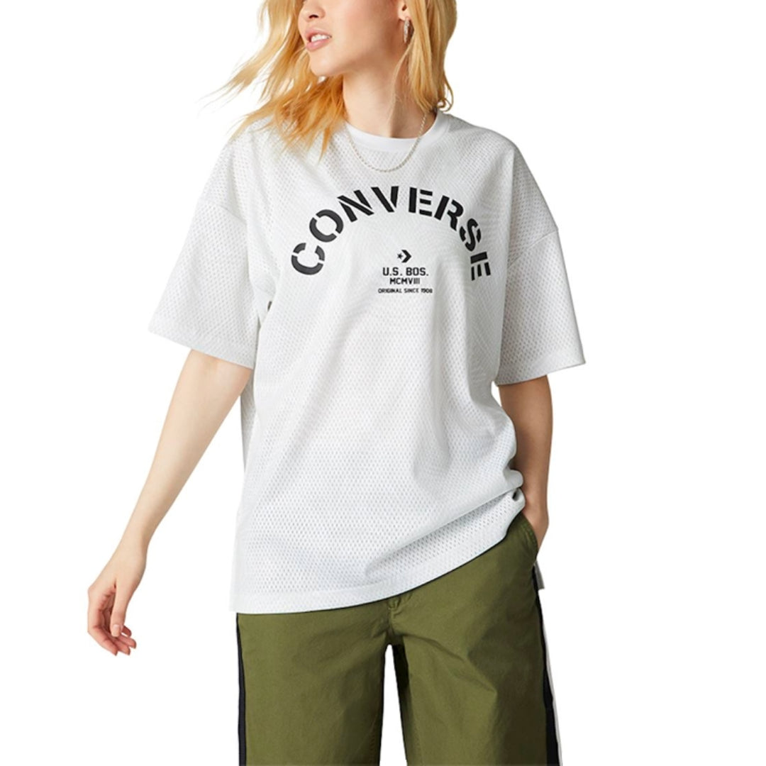 (WMNS) Converse Areca Palm Mesh Boxy T-Shirt Asia Sizing 'White Black' 10008467-A04