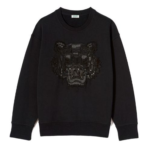 (WMNS) KENZO Embroidered Tiger Head Logo Round Neck Black Hoodie F862SW7414XV-99