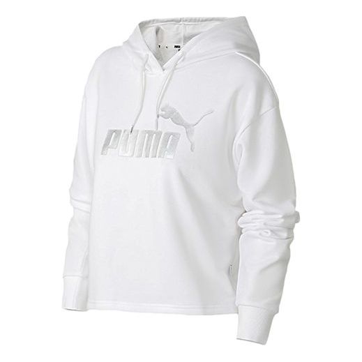 (WMNS) PUMA Essentials+ Cropped Metallic Logo Fleece Hoodie 'White Silver' 586922-52