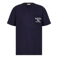 Men's DIOR SS22 Embroidered Plain Weave Knit Short Sleeve Navy Blue T-Shirt 213J637A0739-C583