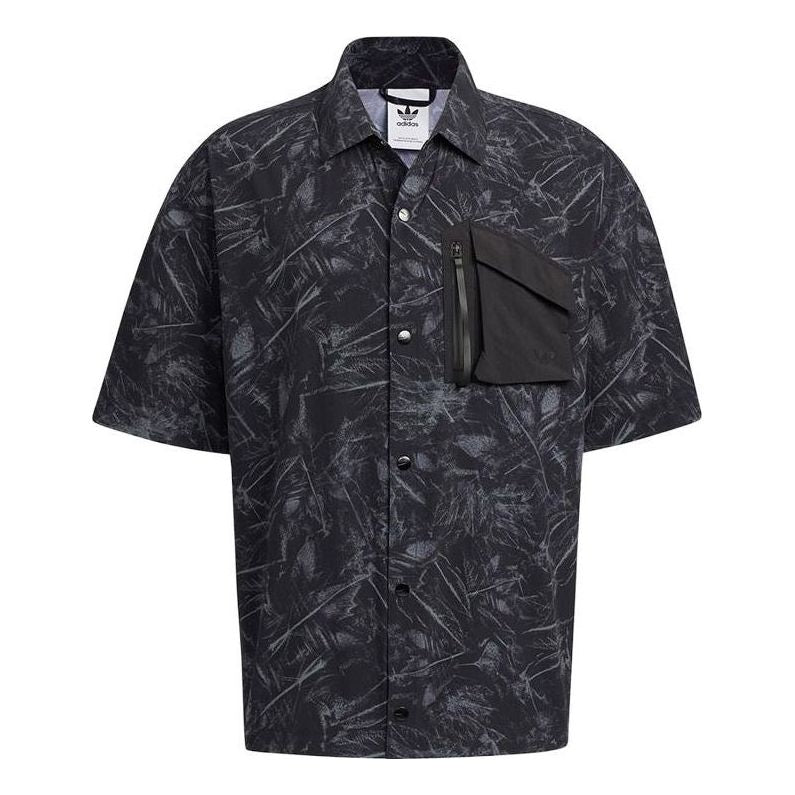 Men's adidas originals SS22 Full Print Pattern Casual Short Sleeve Black Shirt HS9471