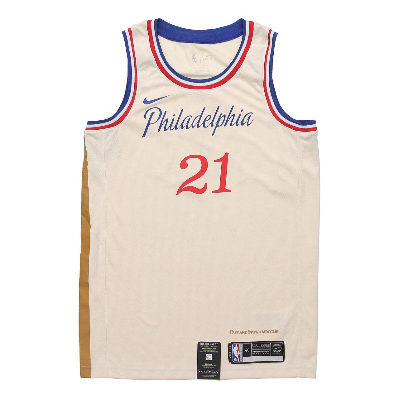 قميص/سترة كرة سلة لفريق فيلادلفيا سفنتي سيكسرز لموسم 2019-20 من نايكي NBA City Limited SW Fan Edition، لون بيج كريمي AV4664-280